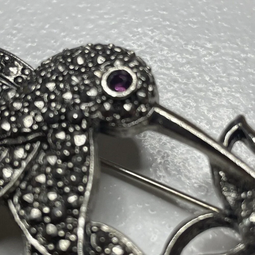 Avon Signed Hummingbird Silver Marcasite Rhinestone‎ Brooch Pin Vintage